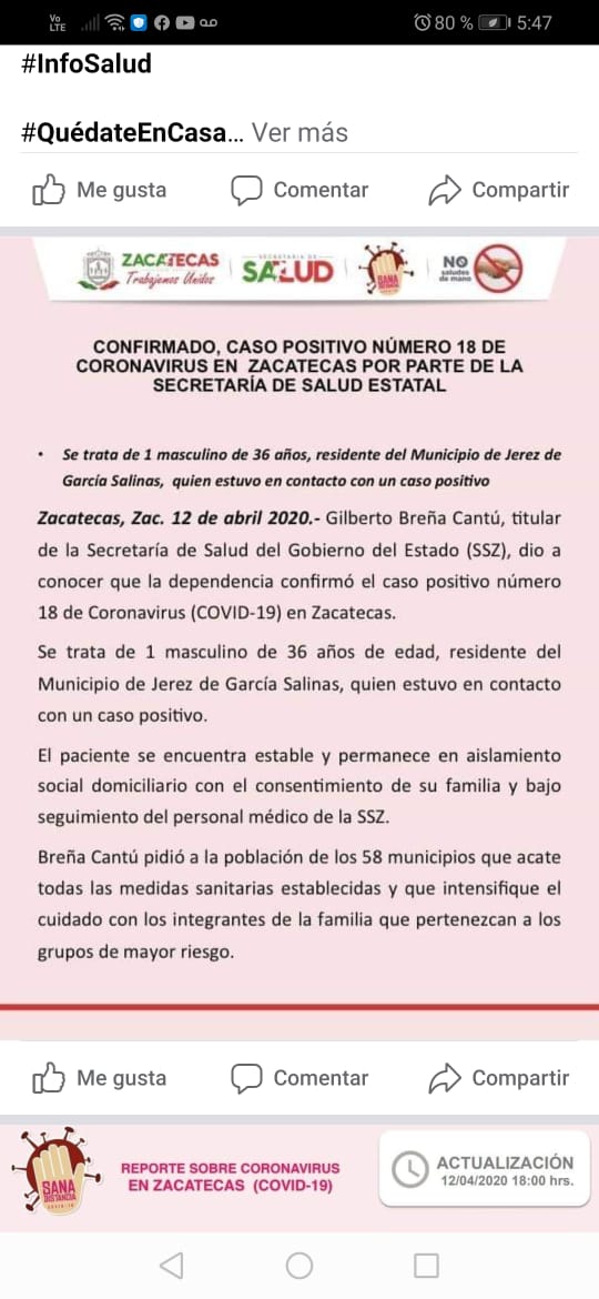 Se trata de 1 masculino de 36 años, residente del Municipio de Jerez de García Salinas